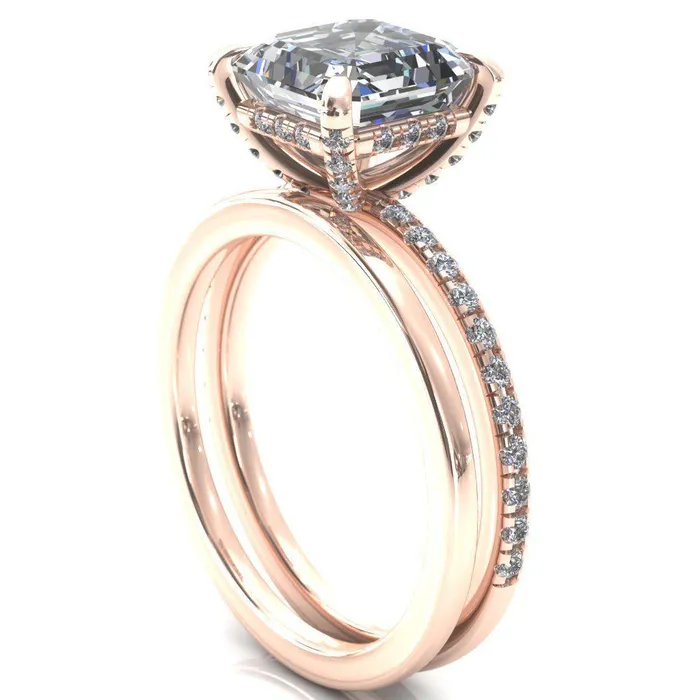 Ezili Asscher Moissanite 4 Claw Prong Micro Pave Diamond Sides Engagement Ring Fire Brilliance Rings