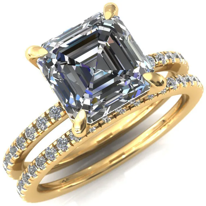 Ezili Asscher Moissanite 4 Claw Prong Micro Pave Diamond Sides Engagement Ring Fire Brilliance Rings
