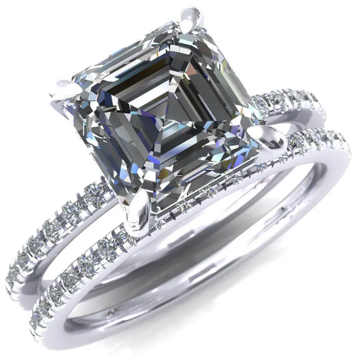 Ezili Asscher Moissanite 4 Claw Prong Micro Pave Diamond Sides Engagement Ring Fire Brilliance Rings