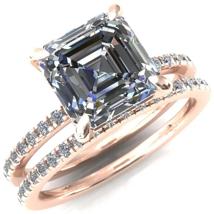 Ezili Asscher Moissanite 4 Claw Prong Micro Pave Diamond Sides Engagement Ring Fire Brilliance Rings