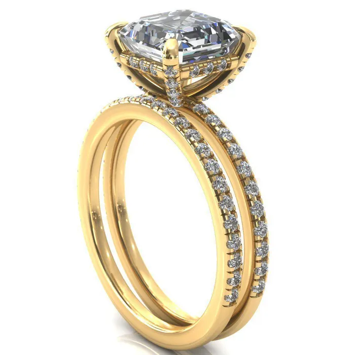 Ezili Asscher Moissanite 4 Claw Prong Micro Pave Diamond Sides Engagement Ring Fire Brilliance Rings