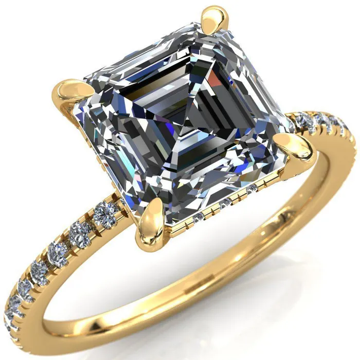 Ezili Asscher Moissanite 4 Claw Prong Micro Pave Diamond Sides Engagement Ring Fire Brilliance Rings