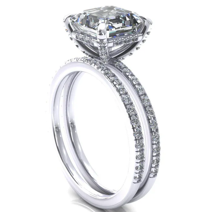 Ezili Asscher Moissanite 4 Claw Prong Micro Pave Diamond Sides Engagement Ring Fire Brilliance Rings