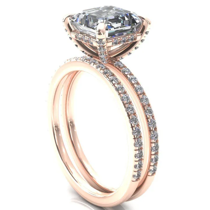Ezili Asscher Moissanite 4 Claw Prong Micro Pave Diamond Sides Engagement Ring Fire Brilliance Rings