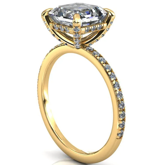 Ezili Asscher Moissanite 4 Claw Prong Micro Pave Diamond Sides Engagement Ring Fire Brilliance Rings