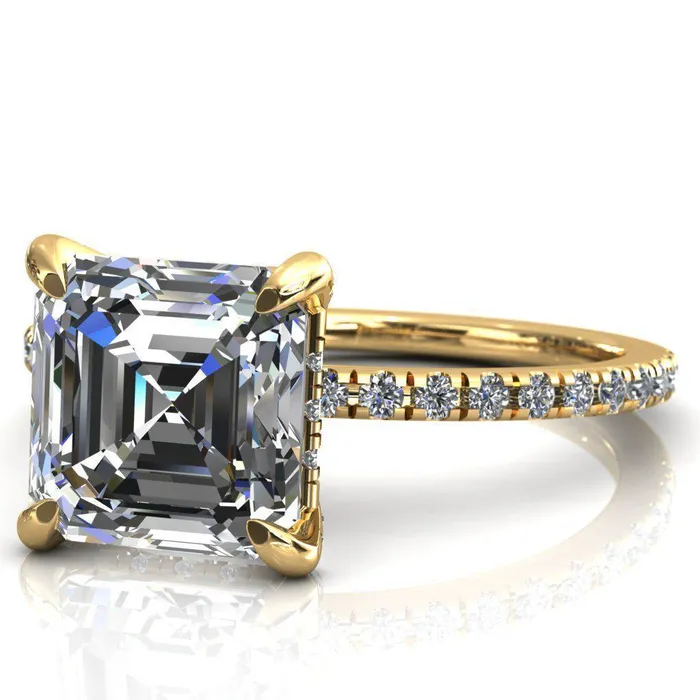 Ezili Asscher Moissanite 4 Claw Prong Micro Pave Diamond Sides Engagement Ring Fire Brilliance Rings