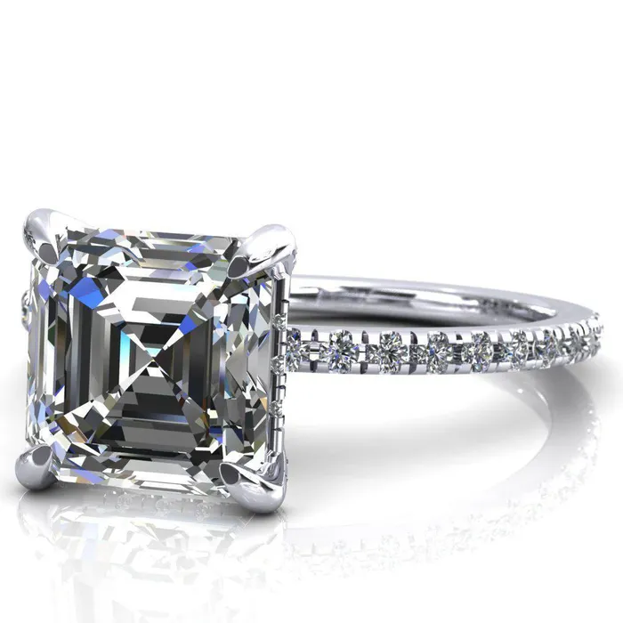 Ezili Asscher Moissanite 4 Claw Prong Micro Pave Diamond Sides Engagement Ring Fire Brilliance Rings