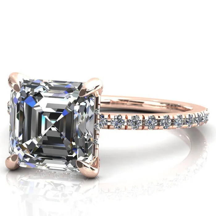 Ezili Asscher Moissanite 4 Claw Prong Micro Pave Diamond Sides Engagement Ring Fire Brilliance Rings
