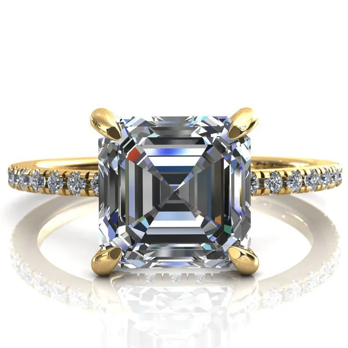 Ezili Asscher Moissanite 4 Claw Prong Micro Pave Diamond Sides Engagement Ring Fire Brilliance Rings