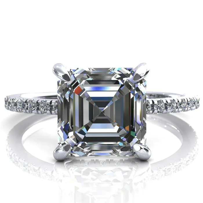 Ezili Asscher Moissanite 4 Claw Prong Micro Pave Diamond Sides Engagement Ring Fire Brilliance Rings