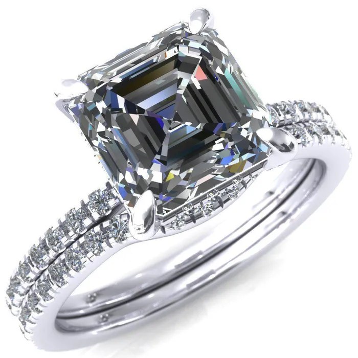 Ezili Asscher Moissanite 4 Claw Prong Micro Pave Diamond Sides Engagement Ring Fire Brilliance Rings