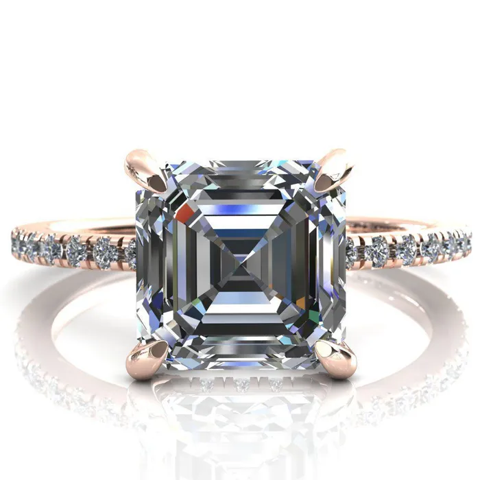 Ezili Asscher Moissanite 4 Claw Prong Micro Pave Diamond Sides Engagement Ring Fire Brilliance Rings