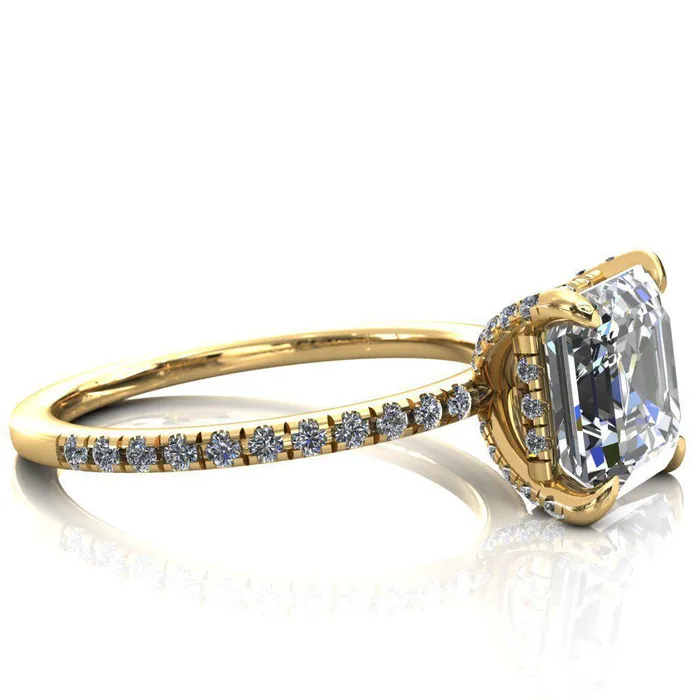 Ezili Asscher Moissanite 4 Claw Prong Micro Pave Diamond Sides Engagement Ring Fire Brilliance Rings