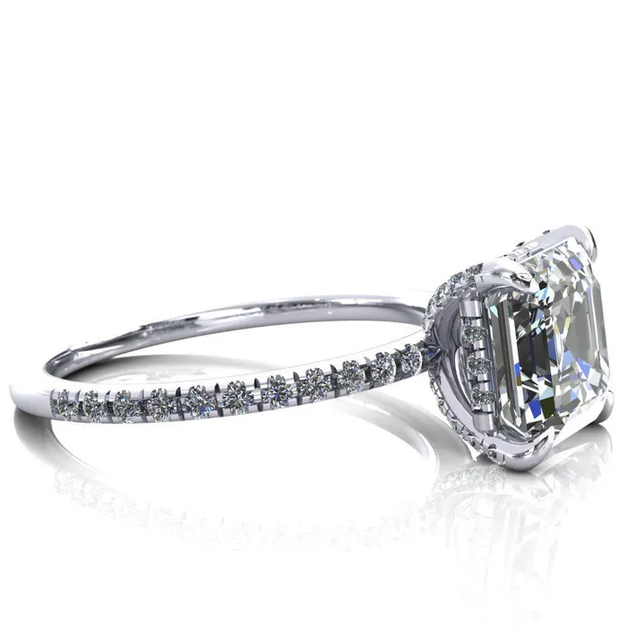 Ezili Asscher Moissanite 4 Claw Prong Micro Pave Diamond Sides Engagement Ring Fire Brilliance Rings