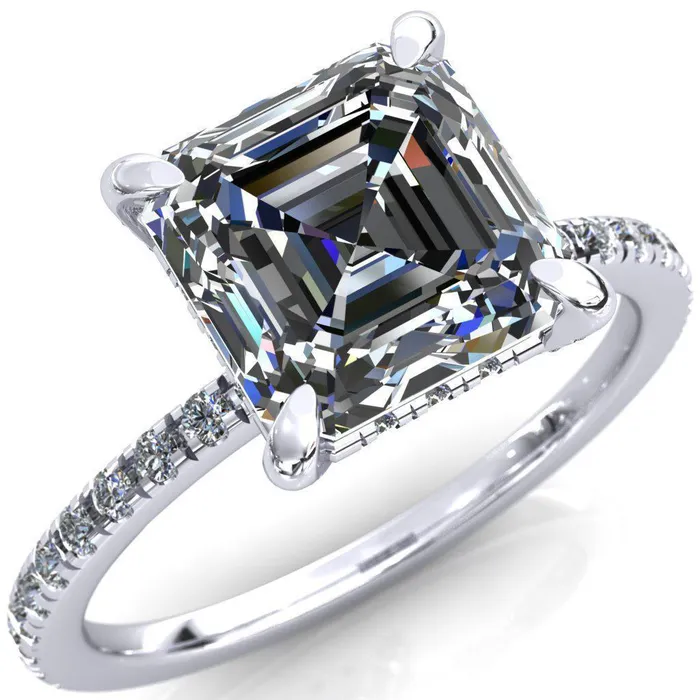 Ezili Asscher Moissanite 4 Claw Prong Micro Pave Diamond Sides Engagement Ring Fire Brilliance Rings