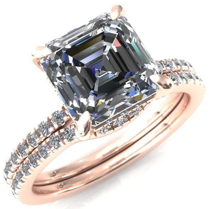 Ezili Asscher Moissanite 4 Claw Prong Micro Pave Diamond Sides Engagement Ring Fire Brilliance Rings