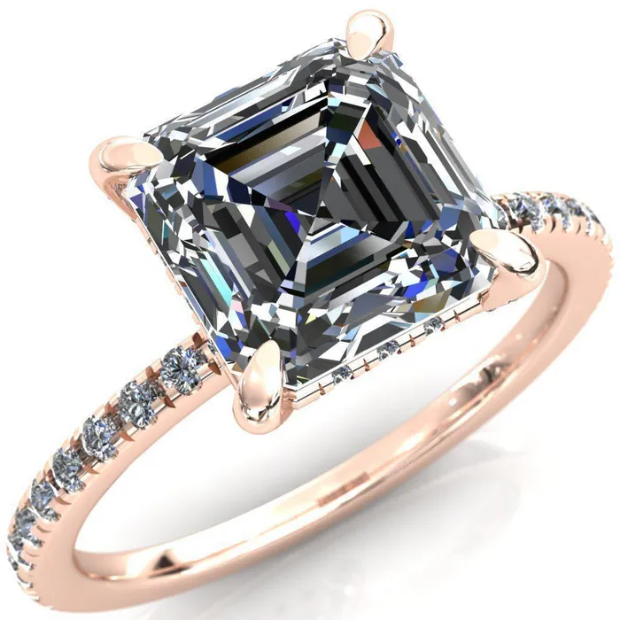 Ezili Asscher Moissanite 4 Claw Prong Micro Pave Diamond Sides Engagement Ring Fire Brilliance Rings