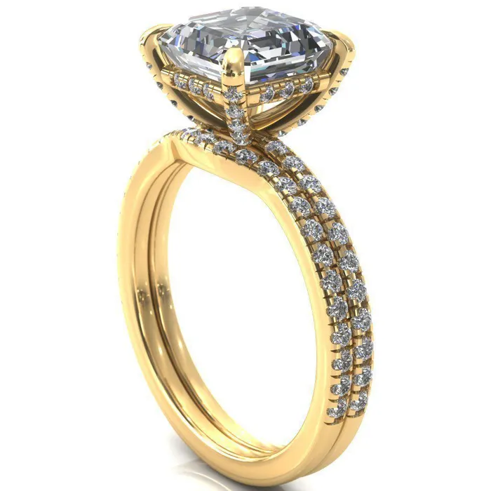 Ezili Asscher Moissanite 4 Claw Prong Micro Pave Diamond Sides Engagement Ring Fire Brilliance Rings