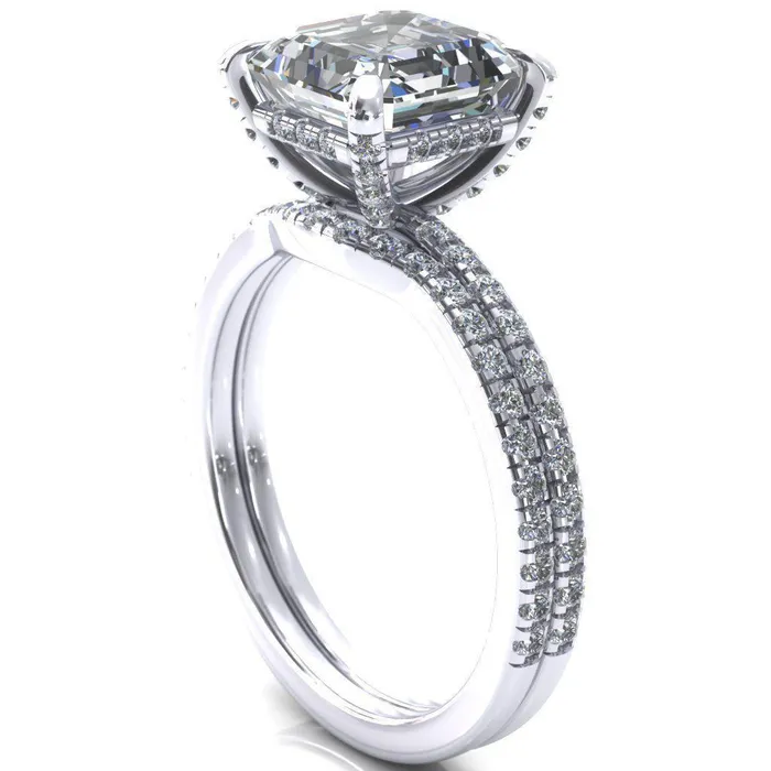 Ezili Asscher Moissanite 4 Claw Prong Micro Pave Diamond Sides Engagement Ring Fire Brilliance Rings