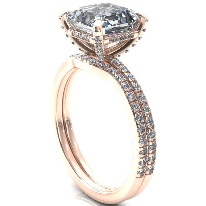 Ezili Asscher Moissanite 4 Claw Prong Micro Pave Diamond Sides Engagement Ring Fire Brilliance Rings