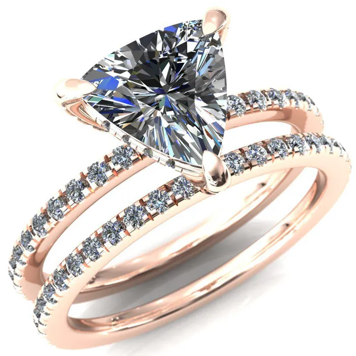Ezili Trillion Moissanite 3 Claw Prong Micro Pave Diamond Sides Engagement Ring Fire Brilliance Rings