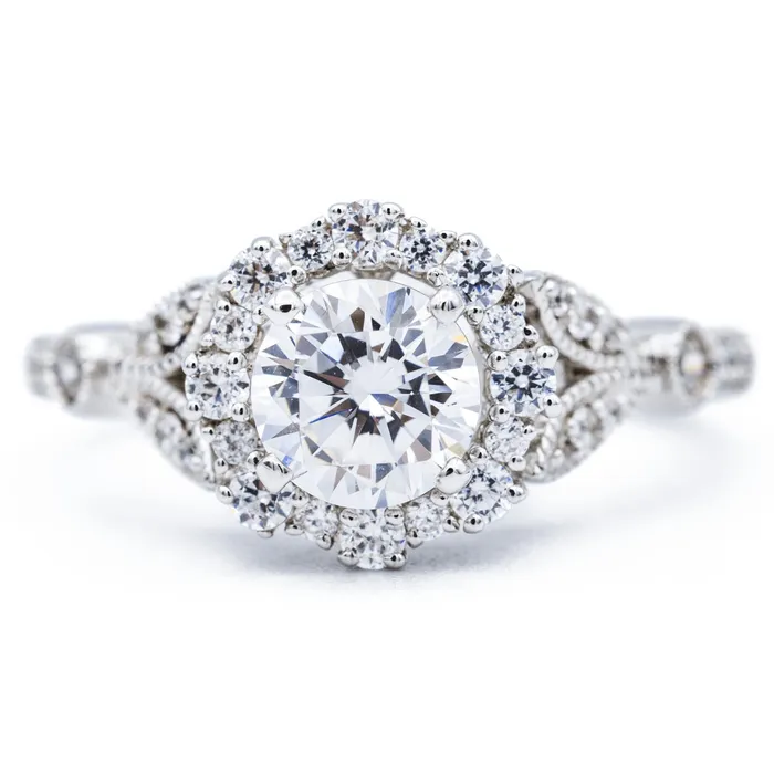 Fire Brilliance 8mm Round Center 14K White Solid Gold Diamond Halo Milgrain Design Ring Rings Fire Brilliance 8mm Round Center 14K White Solid Gold Diamond Halo Milgrain Design Ring Rings