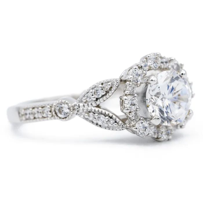 Fire Brilliance 8mm Round Center 14K White Solid Gold Diamond Halo Milgrain Design Ring Rings