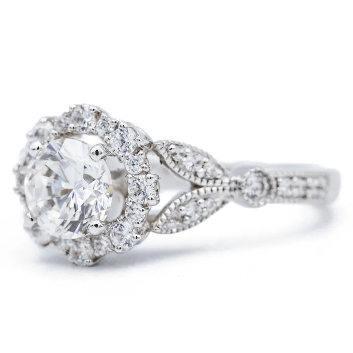 Fire Brilliance 8mm Round Center 14K White Solid Gold Diamond Halo Milgrain Design Ring Rings