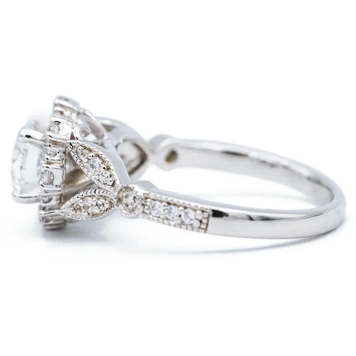 Fire Brilliance 8mm Round Center 14K White Solid Gold Diamond Halo Milgrain Design Ring Rings