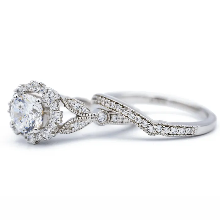 Fire Brilliance 8mm Round Center 14K White Solid Gold Diamond Halo Milgrain Design Ring Rings