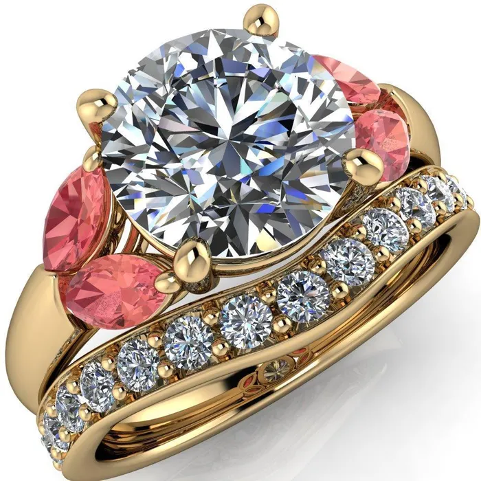 Fire Brilliance Adrenne Round Center Stone 4 Prong Double Padparadscha Sapphire Marquise Side Ring Rings Fire Brilliance Adrenne Round Center Stone 4 Prong Double Padparadscha Sapphire Marquise Side Ring Rings