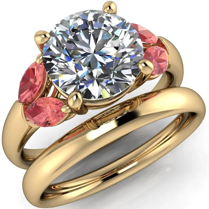 Fire Brilliance Adrenne Round Center Stone 4 Prong Double Padparadscha Sapphire Marquise Side Ring Rings