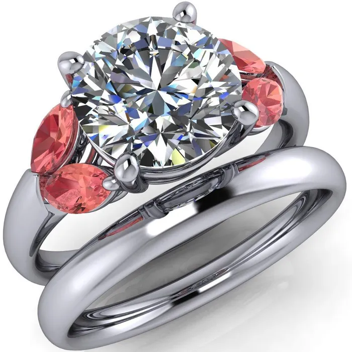 Fire Brilliance Adrenne Round Center Stone 4 Prong Double Padparadscha Sapphire Marquise Side Ring Rings