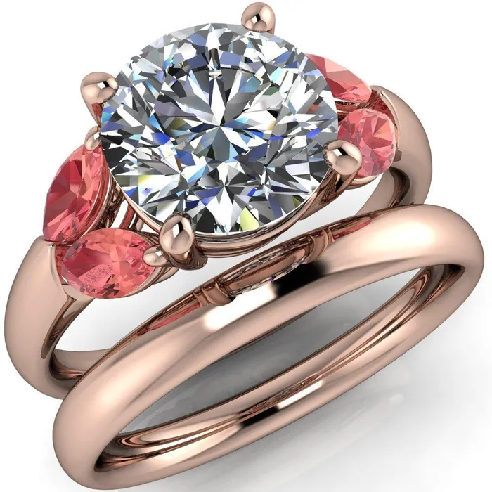 Fire Brilliance Adrenne Round Center Stone 4 Prong Double Padparadscha Sapphire Marquise Side Ring Rings