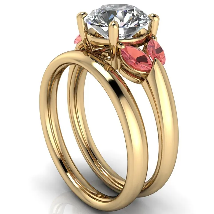 Fire Brilliance Adrenne Round Center Stone 4 Prong Double Padparadscha Sapphire Marquise Side Ring Rings