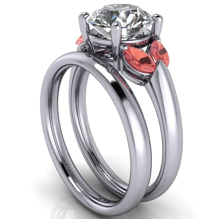 Fire Brilliance Adrenne Round Center Stone 4 Prong Double Padparadscha Sapphire Marquise Side Ring Rings