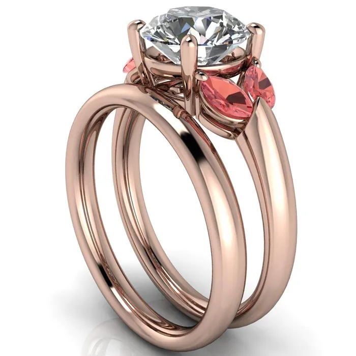 Fire Brilliance Adrenne Round Center Stone 4 Prong Double Padparadscha Sapphire Marquise Side Ring Rings