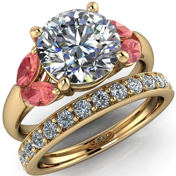 Fire Brilliance Adrenne Round Center Stone 4 Prong Double Padparadscha Sapphire Marquise Side Ring Rings