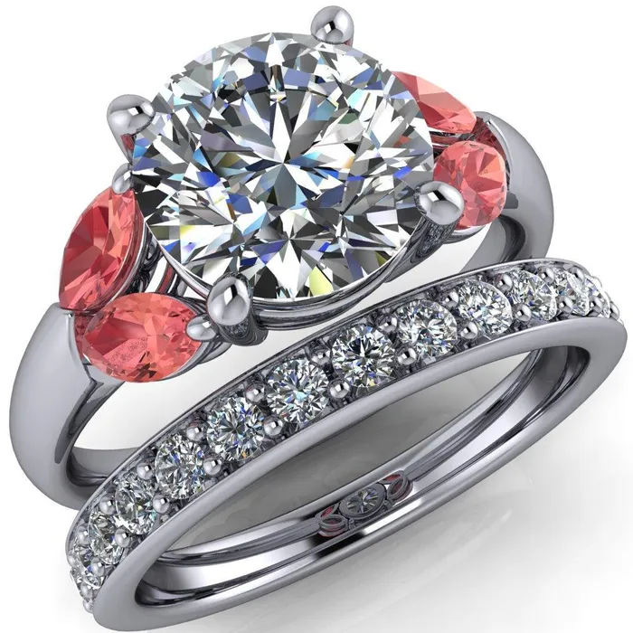 Fire Brilliance Adrenne Round Center Stone 4 Prong Double Padparadscha Sapphire Marquise Side Ring Rings