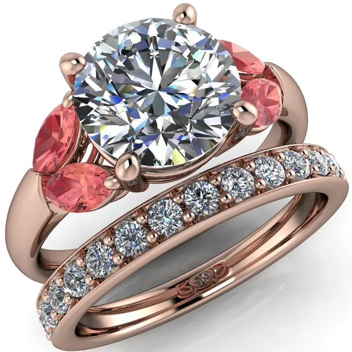 Fire Brilliance Adrenne Round Center Stone 4 Prong Double Padparadscha Sapphire Marquise Side Ring Rings