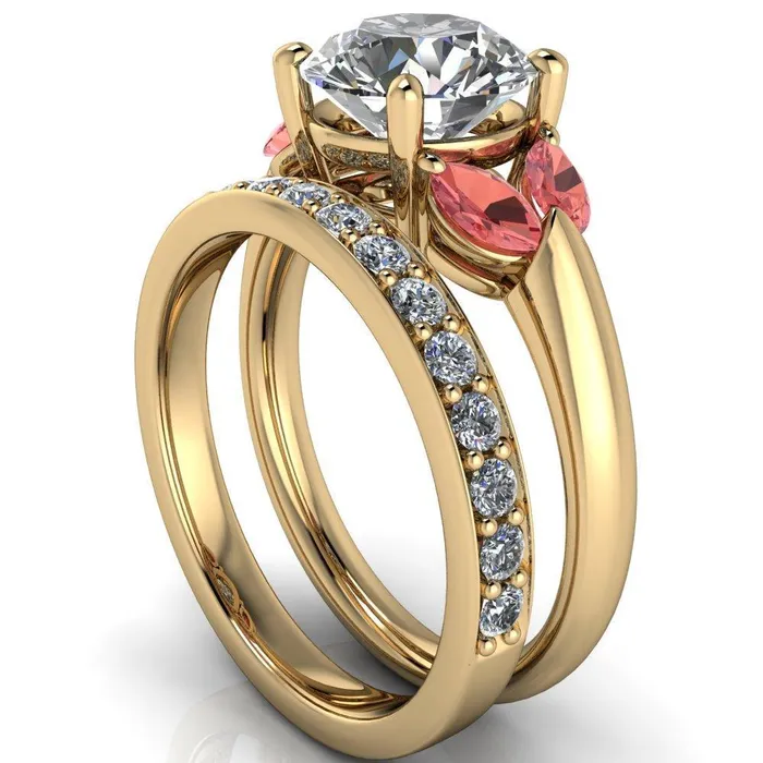 Fire Brilliance Adrenne Round Center Stone 4 Prong Double Padparadscha Sapphire Marquise Side Ring Rings