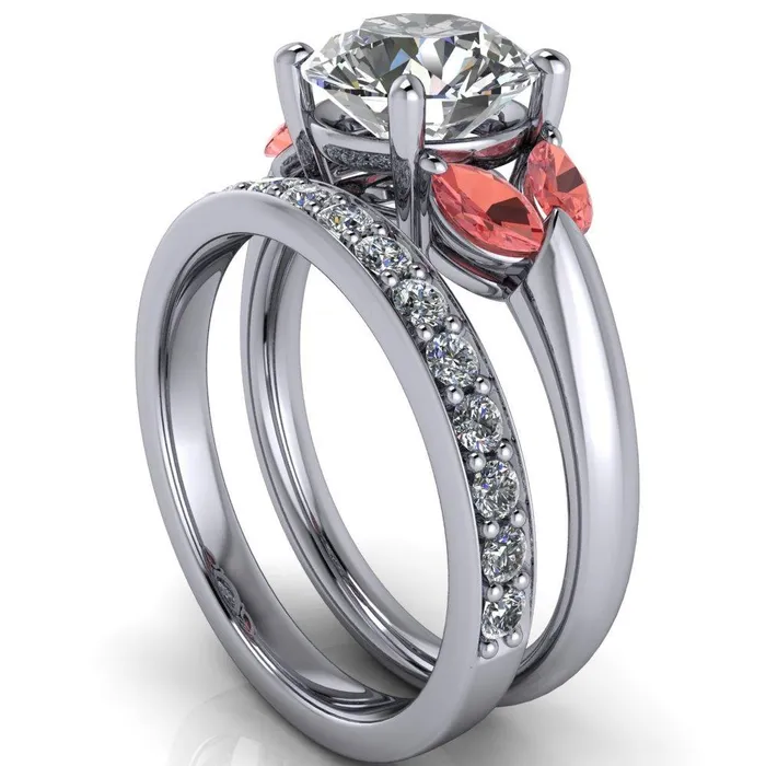 Fire Brilliance Adrenne Round Center Stone 4 Prong Double Padparadscha Sapphire Marquise Side Ring Rings