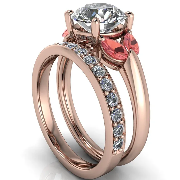 Fire Brilliance Adrenne Round Center Stone 4 Prong Double Padparadscha Sapphire Marquise Side Ring Rings