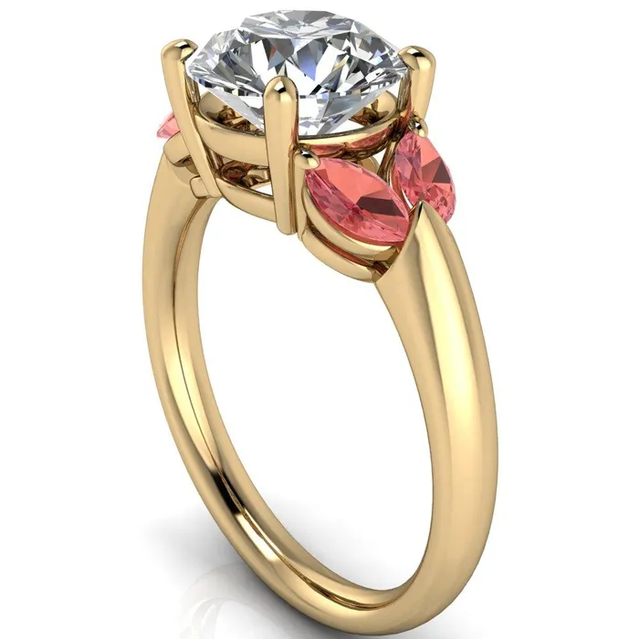 Fire Brilliance Adrenne Round Center Stone 4 Prong Double Padparadscha Sapphire Marquise Side Ring Rings