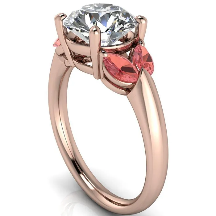 Fire Brilliance Adrenne Round Center Stone 4 Prong Double Padparadscha Sapphire Marquise Side Ring Rings