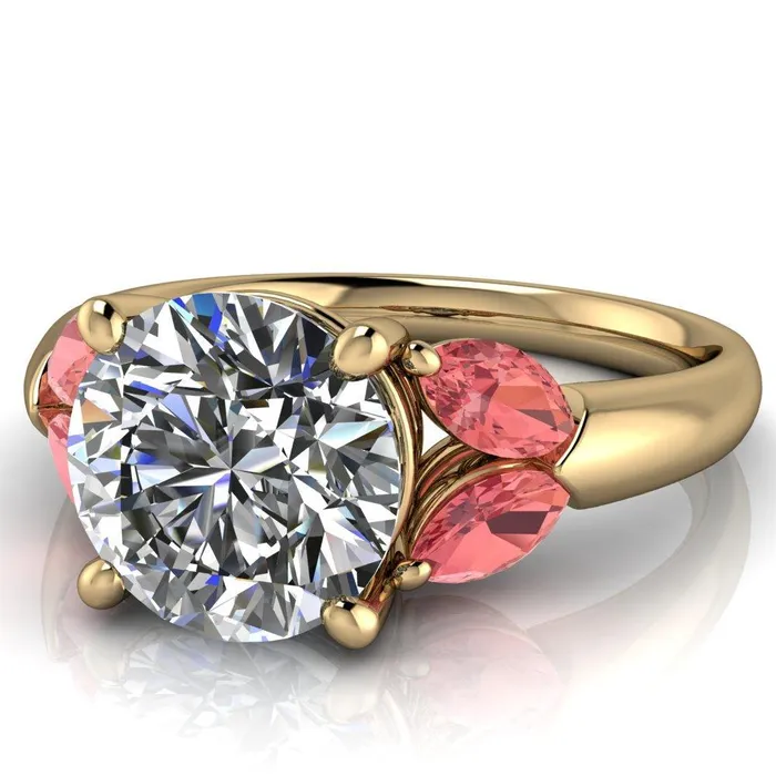 Fire Brilliance Adrenne Round Center Stone 4 Prong Double Padparadscha Sapphire Marquise Side Ring Rings
