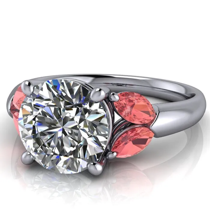 Fire Brilliance Adrenne Round Center Stone 4 Prong Double Padparadscha Sapphire Marquise Side Ring Rings