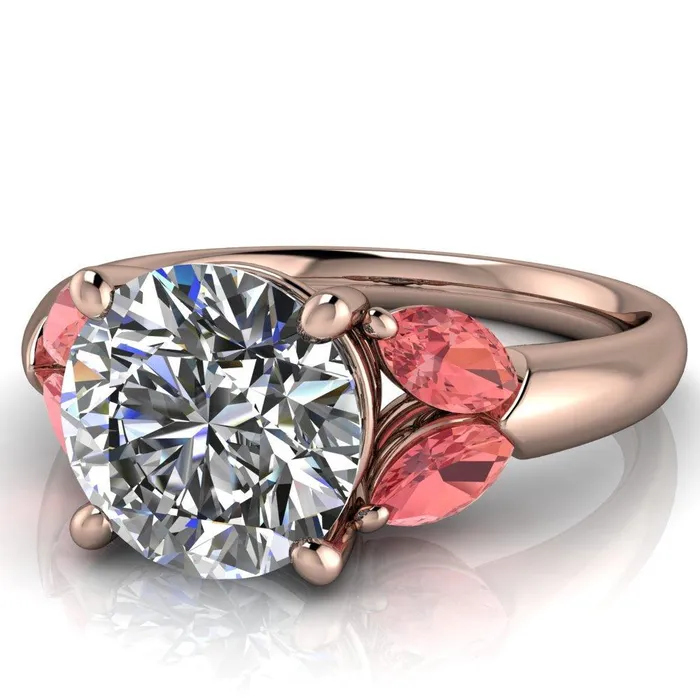 Fire Brilliance Adrenne Round Center Stone 4 Prong Double Padparadscha Sapphire Marquise Side Ring Rings