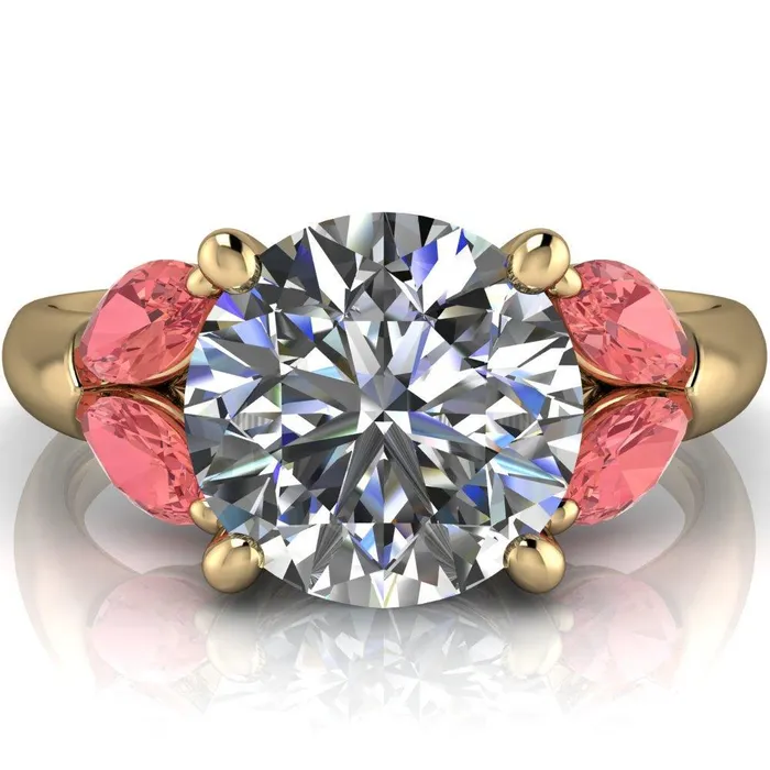 Fire Brilliance Adrenne Round Center Stone 4 Prong Double Padparadscha Sapphire Marquise Side Ring Rings