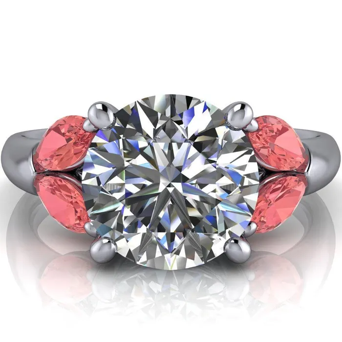 Fire Brilliance Adrenne Round Center Stone 4 Prong Double Padparadscha Sapphire Marquise Side Ring Rings